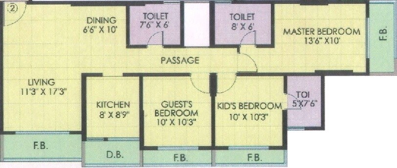 Floor plan of 3 BHK 932 Sq. Ft. Apartment in HDIL Premier Exotica, Mumbai