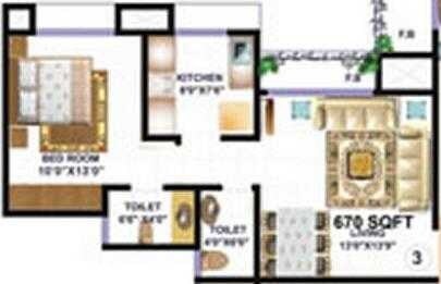 Floor plan of 1 BHK 670 Sq. Ft. Apartment in HDIL Premier Residences, Mumbai