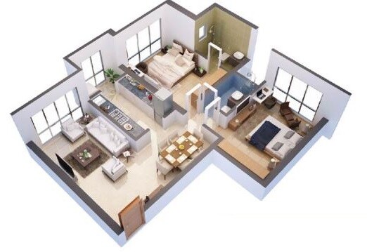 Floor plan of 2 BHK 735 Sq. Ft. Apartment in HDIL Whispering Towers, Mumbai