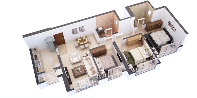 Floor plan of 2 BHK 835 Sq. Ft. Apartment in HDIL Whispering Towers, Mumbai