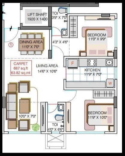Floor plan of 2 BHK 687 Sq. Ft. Apartment in Heena Gokul Mohan, Mumbai