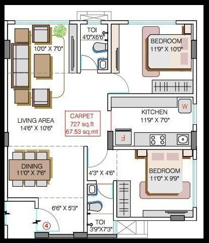 Floor plan of 2 BHK 727 Sq. Ft. Apartment in Heena Gokul Mohan, Mumbai