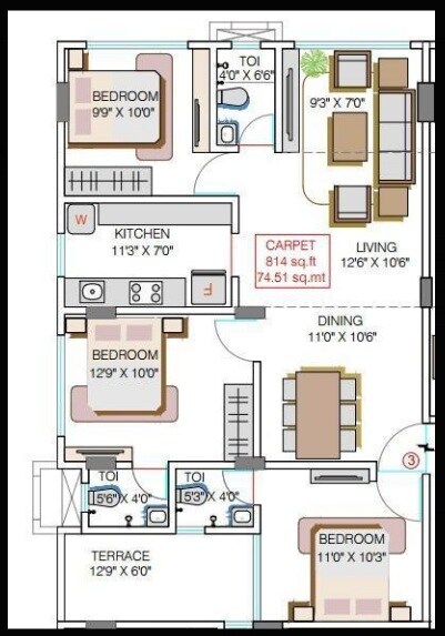 Floor plan of 3 BHK 814 Sq. Ft. Apartment in Heena Gokul Mohan, Mumbai