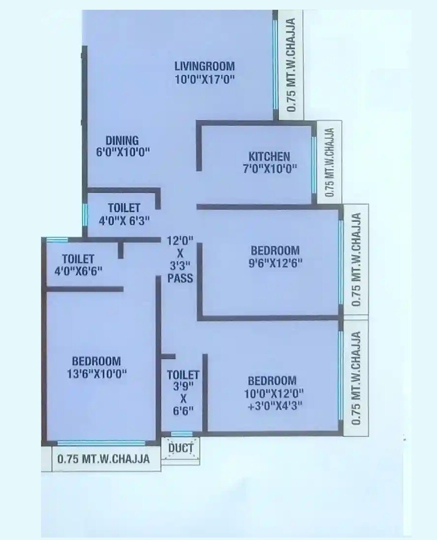 Floor plan of 3 BHK 799 Sq. Ft. Apartment in Heena Gokul Silver Mist, Mumbai