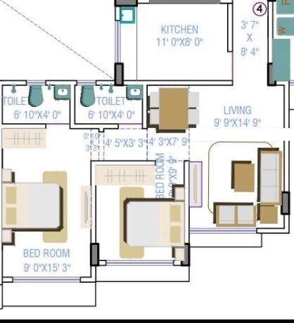 Floor plan of 2 BHK 1107 Sq. Ft. Apartment in Heena Gokul Vaibhav, Mumbai