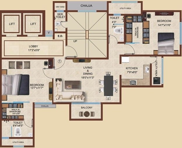 Floor plan of 2 BHK 835 Sq. Ft. Apartment in Heritage Elegance, Mumbai