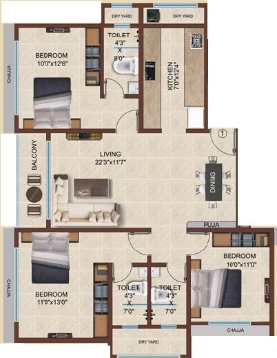 Floor plan of 3 BHK 1050 Sq. Ft. Apartment in Heritage Elegance, Mumbai