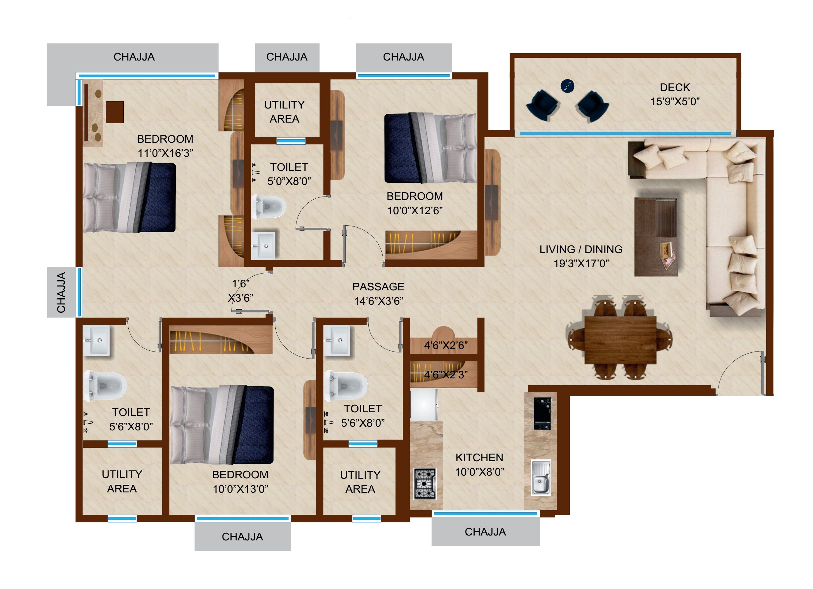 Floor plan of 3 BHK 1177 Sq. Ft. Apartment in Heritage Lakeside, Mumbai
