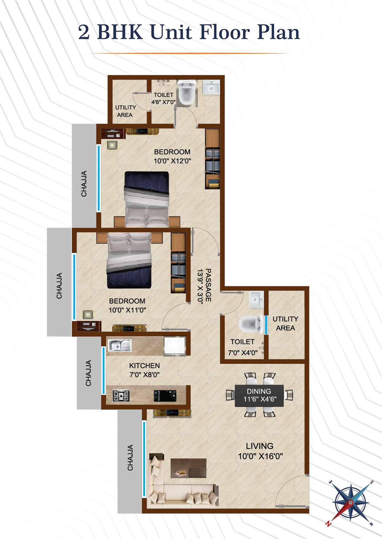 Floor plan of 2 BHK 657 Sq. Ft. Apartment in Heritage Madhur Milan, Mumbai