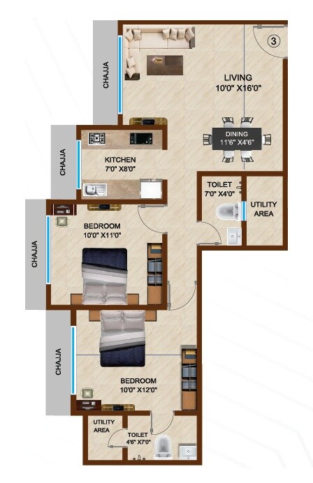 Floor plan of 2 BHK 738 Sq. Ft. Apartment in Heritage Madhur Milan, Mumbai
