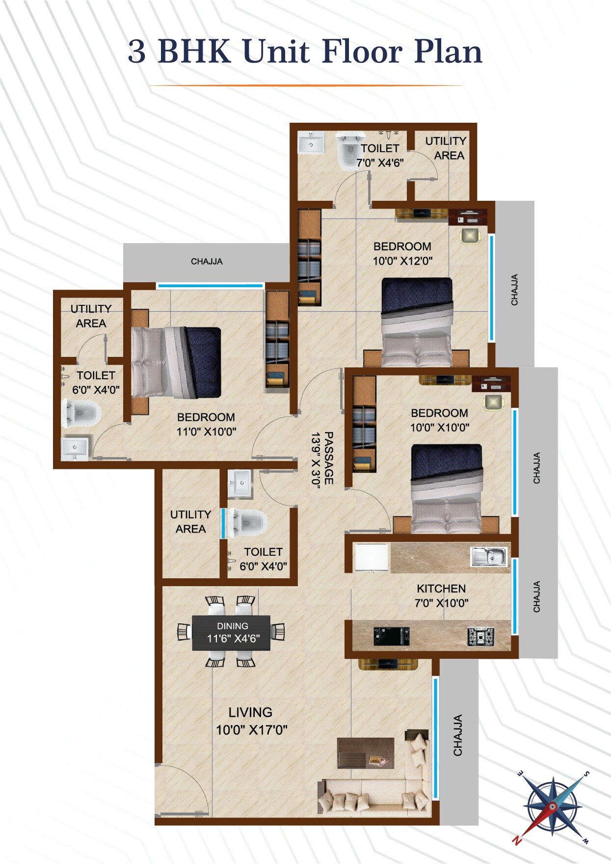 Floor plan of 3 BHK 828 Sq. Ft. Apartment in Heritage Madhur Milan, Mumbai