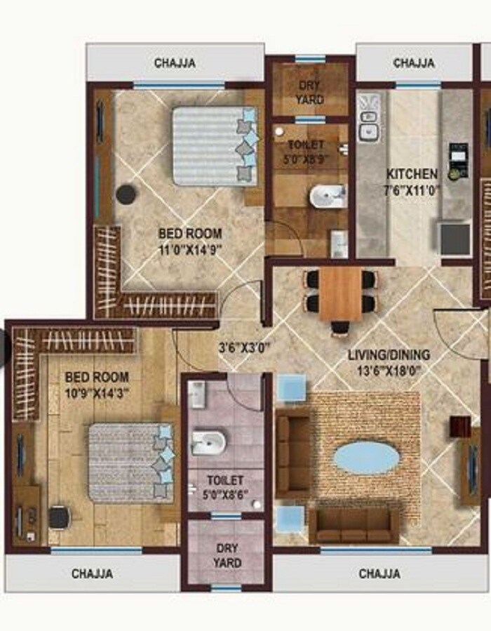 Floor plan of 2 BHK 826 Sq. Ft. Apartment in Heritage  Mahalaxmi Heritage, Mumbai