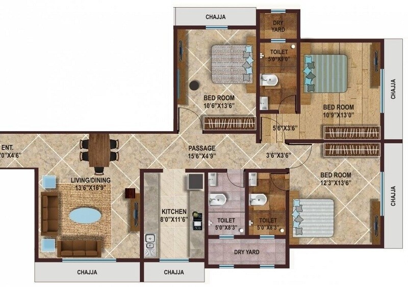 Floor plan of 1 BHK 1125 Sq. Ft. Apartment in Heritage  Mahalaxmi Heritage, Mumbai
