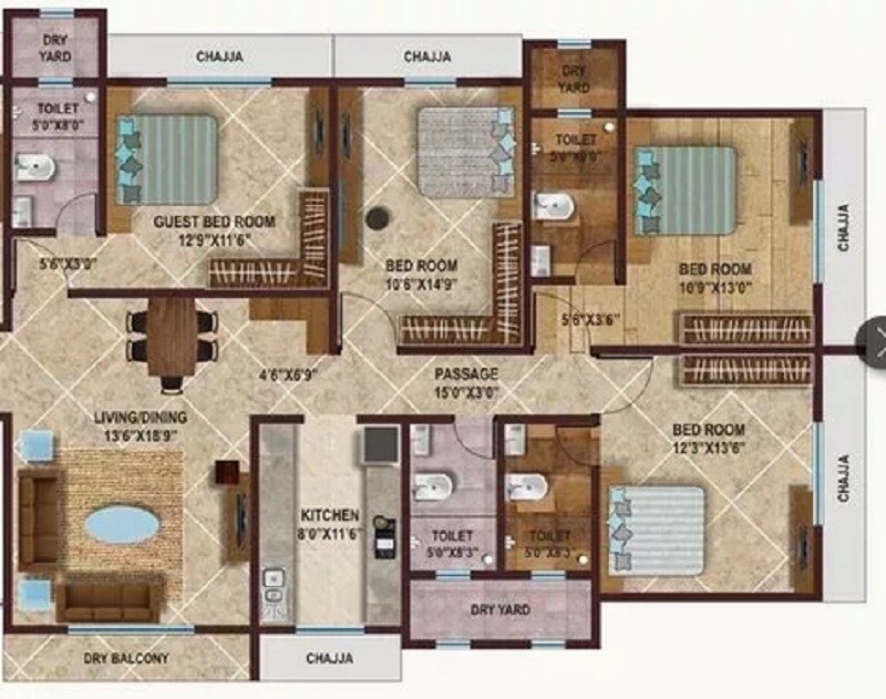 Floor plan of 4 BHK 1426 Sq. Ft. Apartment in Heritage  Mahalaxmi Heritage, Mumbai