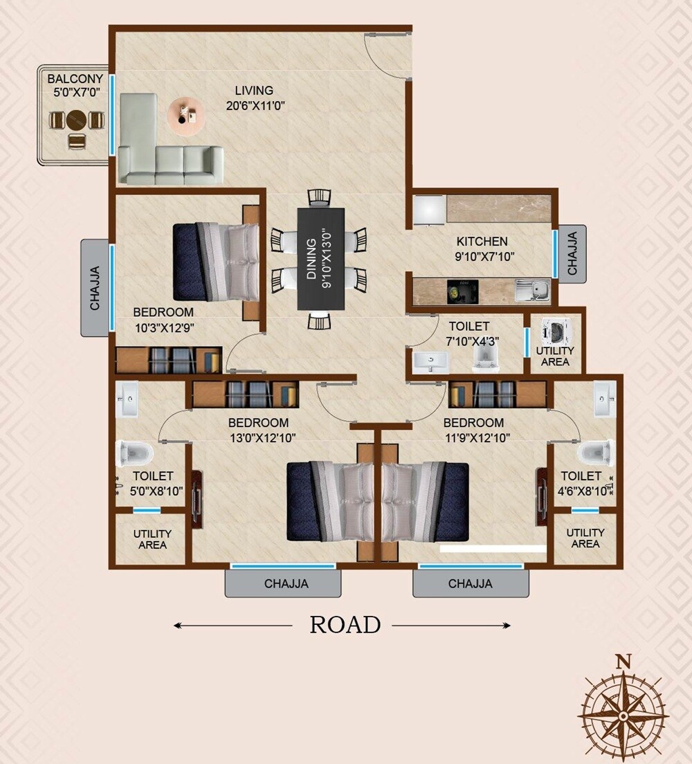 3 BHK 1103 Sq. Ft. Apartment
