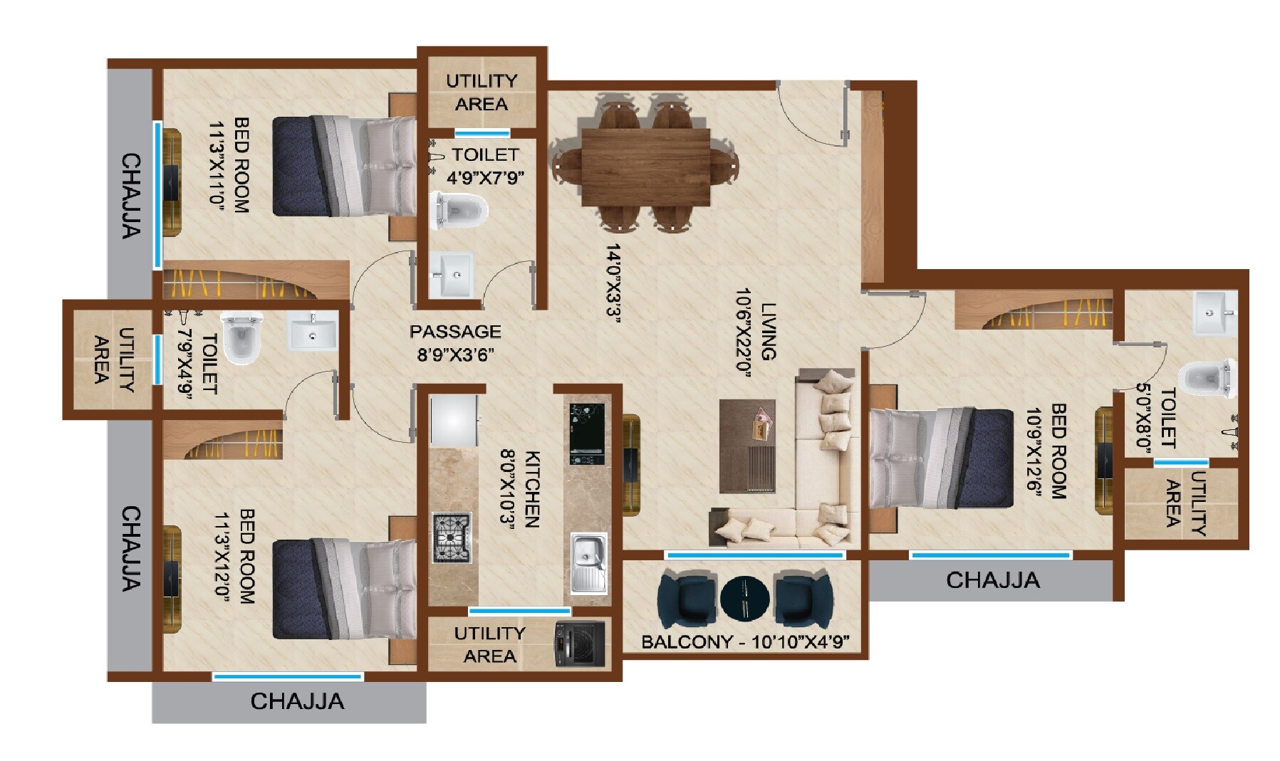 3 BHK 1000 Sq. Ft. Apartment