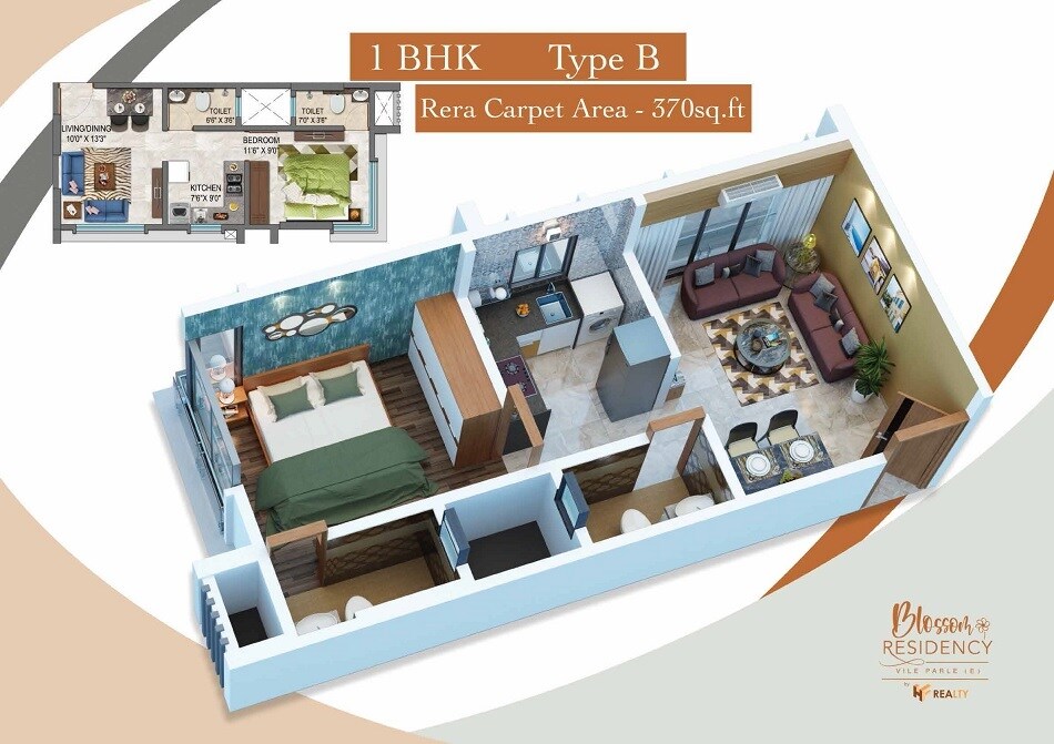 Floor plan of 1 BHK Apartment - 370 sq. ft. in HF Blossom Residency, Mumbai