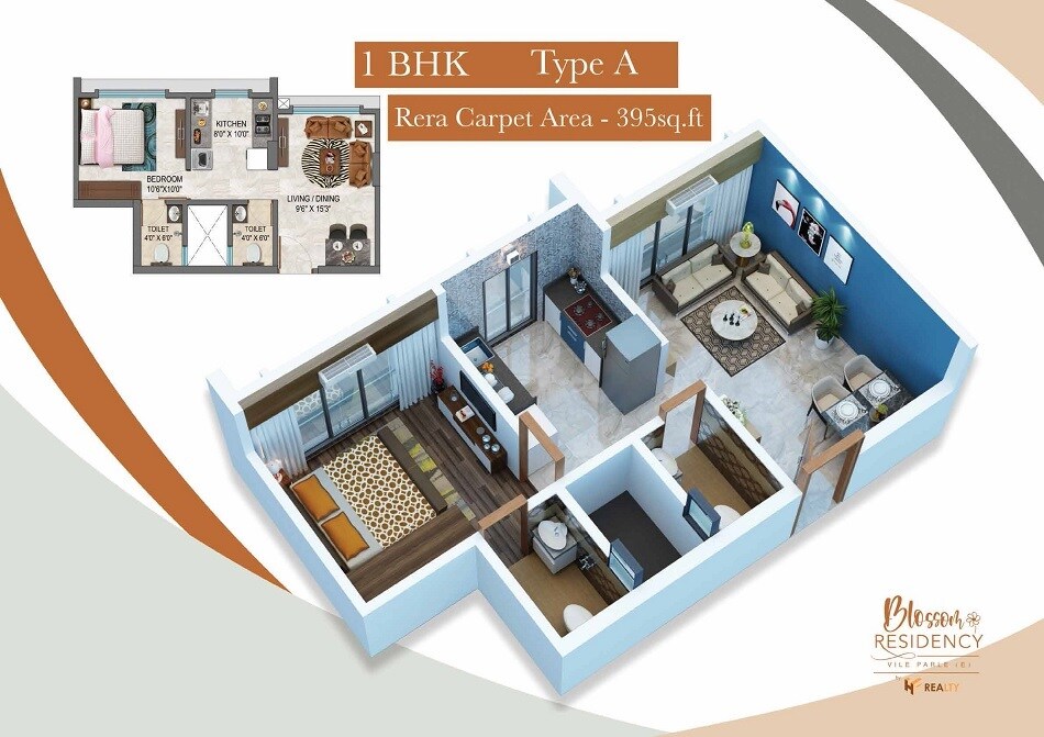 Floor plan of 1 BHK Apartment - 395 sq. ft. in HF Blossom Residency, Mumbai