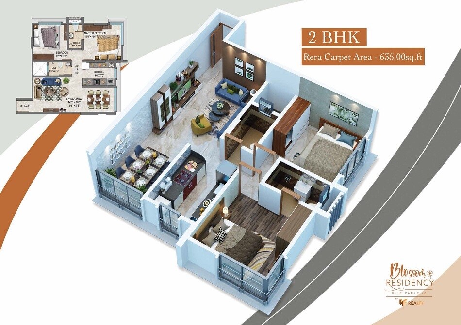 Floor plan of 2 BHK Apartment - 636 sq. ft. in HF Blossom Residency, Mumbai