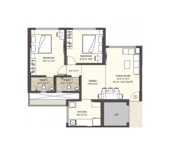 Floor plan of 2 BHK 637 Sq. Ft. Apartment in Hi Bliss Tower, Mumbai