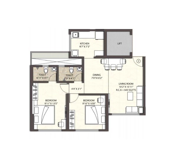 Floor plan of 2 BHK 643 Sq. Ft. Apartment in Hi Bliss Tower, Mumbai