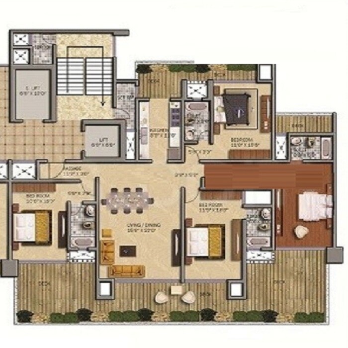 Floor plan of 4 BHK 1477 Sq. Ft. Apartment in Hicons Marina, Mumbai