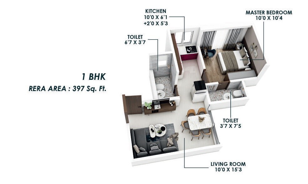 Floor plan of 1 BHK 397 Sq. Ft. Apartment in HIRAL Madhuban Heights, Mumbai
