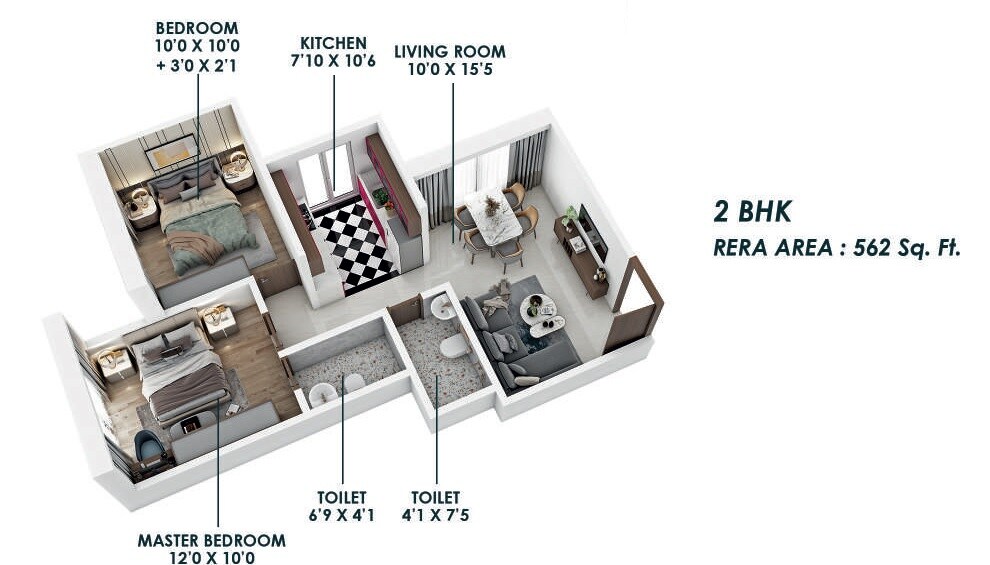 Floor plan of 2 BHK 562 Sq. Ft. Apartment in HIRAL Madhuban Heights, Mumbai