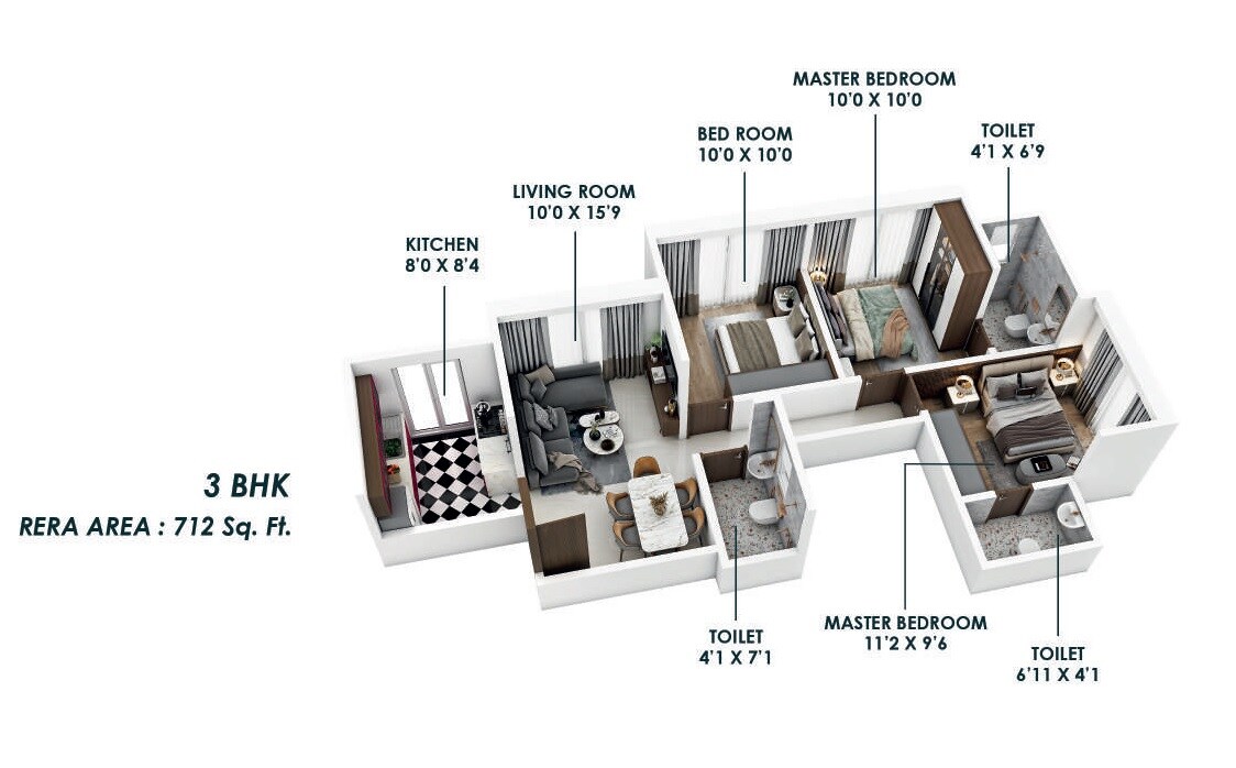 Floor plan of 3 BHK 712 Sq. Ft. Apartment in HIRAL Madhuban Heights, Mumbai