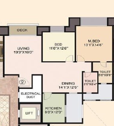 Floor plan of 2 BHK 1295 Sq. Ft. Apartment in Hiranandani Brentwood Mumbai, Mumbai