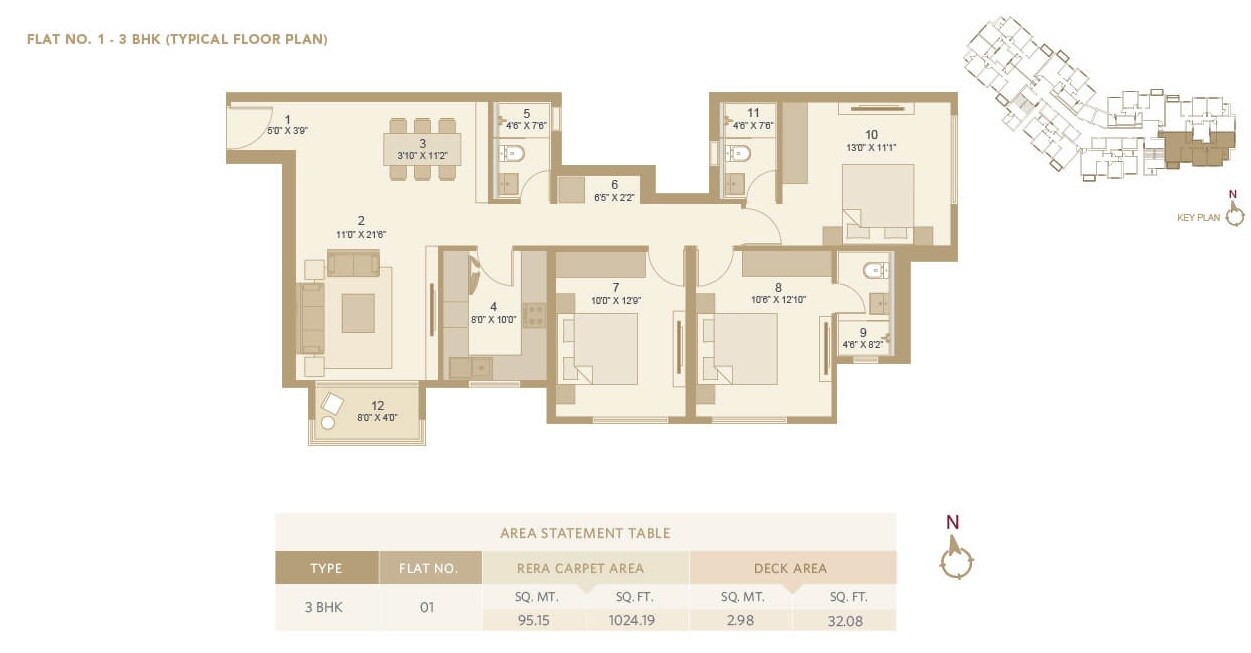 Floor plan of 3 BHK 1024 Sq. Ft. Apartment in Hiranandani Castalia Kandivali, Mumbai