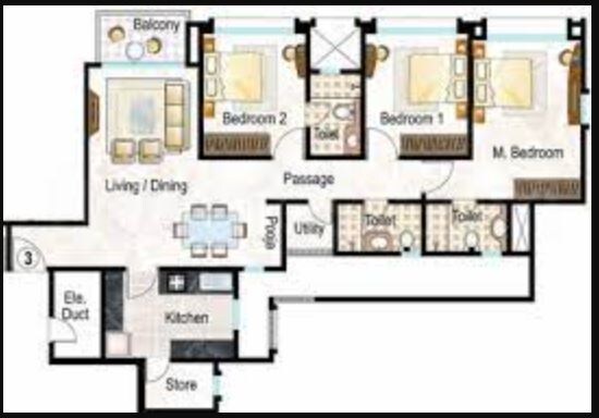 Floor plan of 3 BHK 1292 Sq. Ft. Apartment in Hiranandani Garden Eden 4, Mumbai
