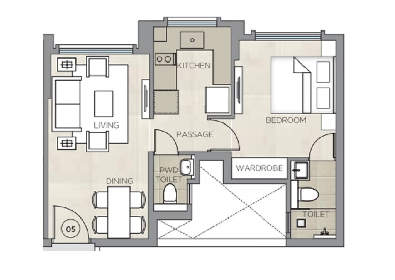 Floor plan of 1 BHK 379 Sq. Ft. Apartment in Hiranandani Gardens, Mumbai
