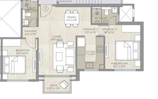 Floor plan of 2 BHK 777 Sq. Ft. Apartment in Hiranandani Gardens, Mumbai
