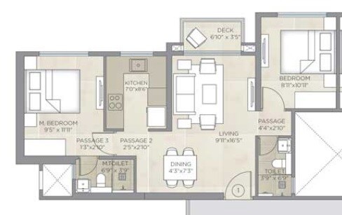 Floor plan of 2 BHK 608 Sq. Ft. Apartment in Hiranandani Gardens, Mumbai