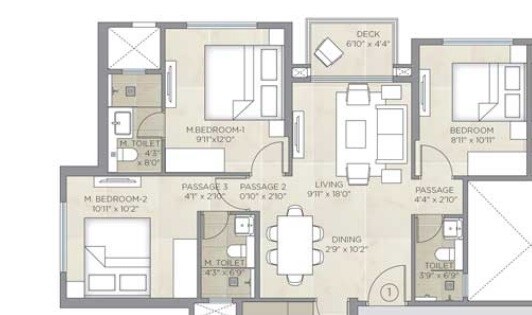 Floor plan of 3 BHK 1450 Sq. Ft. Apartment in Hiranandani Gardens, Mumbai