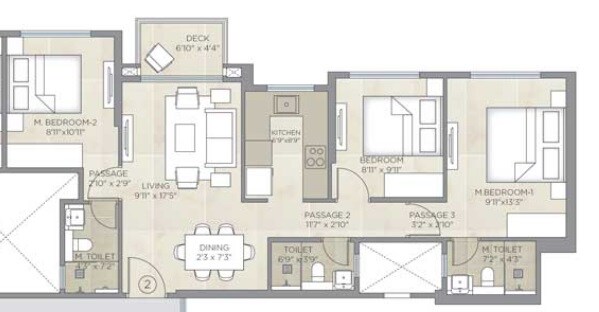 Floor plan of 3 BHK 1100 Sq. Ft. Apartment in Hiranandani Gardens, Mumbai