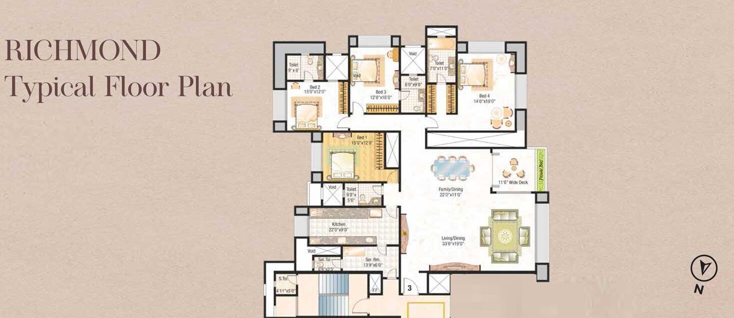 Floor plan of 4 BHK 3470 Sq. Ft. Apartment in Hiranandani Gardens Richmond Tower, Mumbai