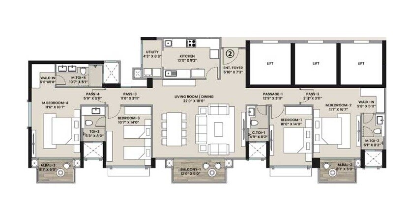 Floor plan of 4 BHK 1729 Sq. Ft. Apartment in Hiranandani Gardens Rockside, Mumbai