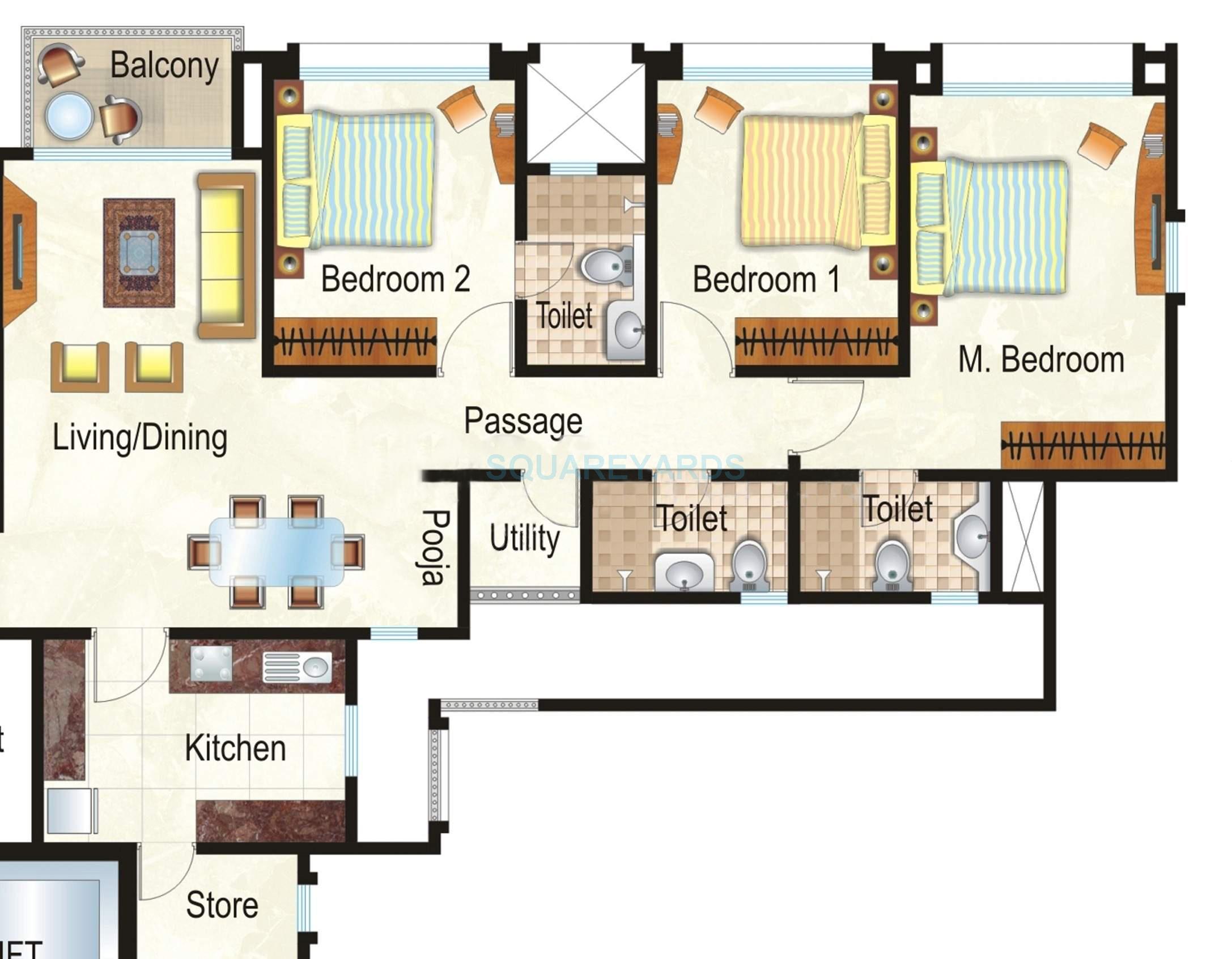 Floor plan of 3 BHK 1570 Sq. Ft. Apartment in Hiranandani Heritage, Mumbai