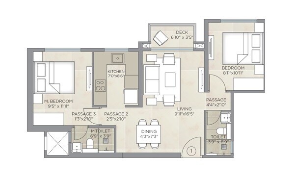 Floor plan of 2 BHK 542 Sq. Ft. Apartment in Hiranandani Highland, Mumbai