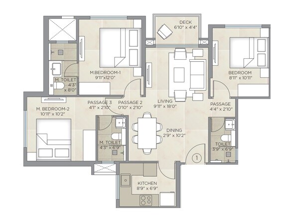 Floor plan of 3 BHK 751 Sq. Ft. Apartment in Hiranandani Highland, Mumbai