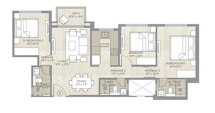 Floor plan of 3 BHK 755 Sq. Ft. Apartment in Hiranandani Highland, Mumbai