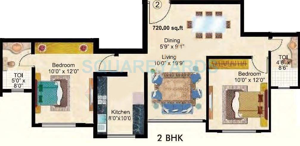 Floor plan of 2 BHK 720 Sq. Ft. Apartment in Hiranandani Maitri Park, Mumbai