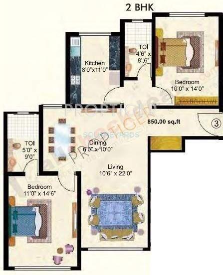 Floor plan of 2 BHK 850 Sq. Ft. Apartment in Hiranandani Maitri Park, Mumbai
