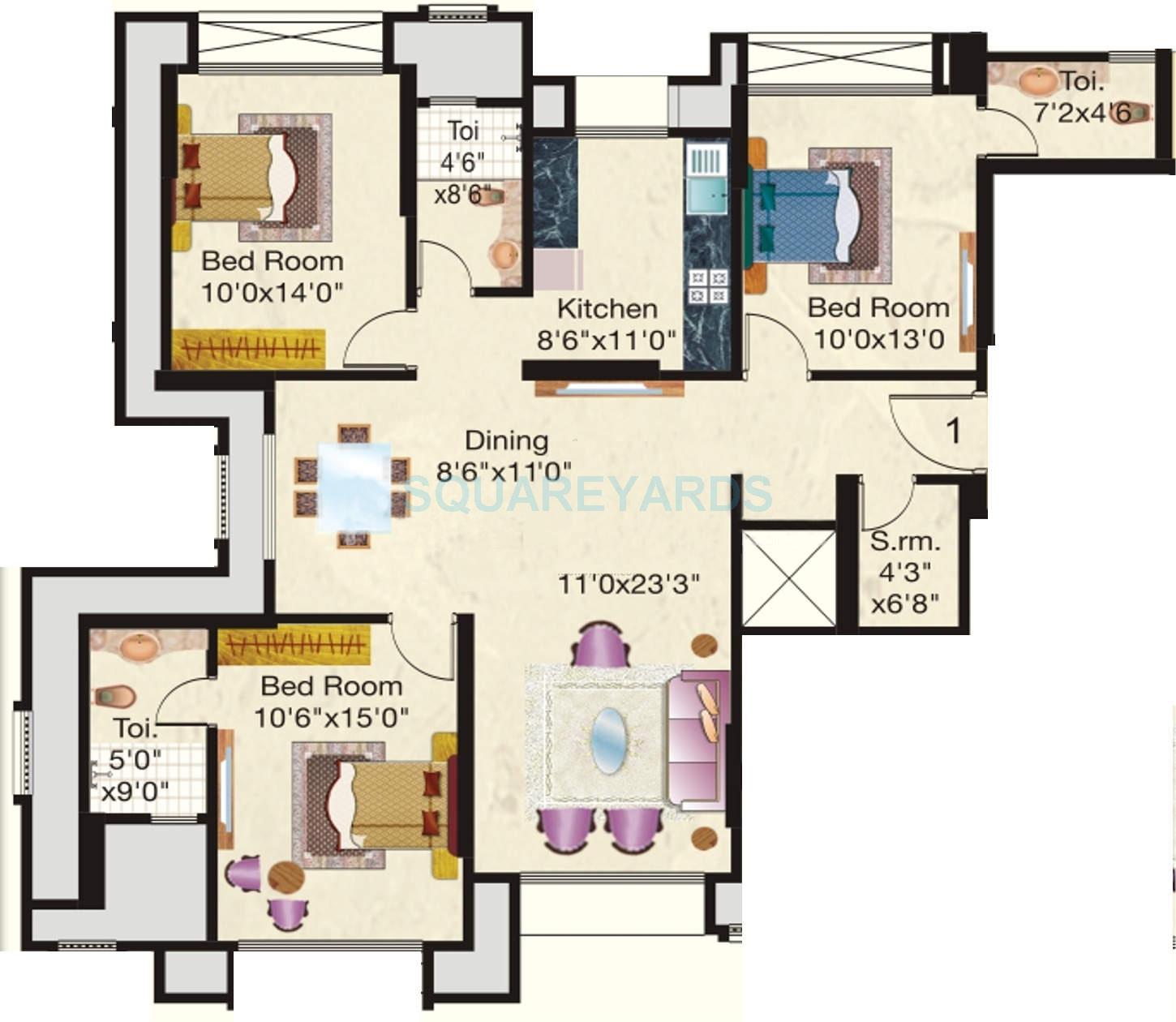 Floor plan of 3 BHK 1105 Sq. Ft. Apartment in Hiranandani Maitri Park, Mumbai
