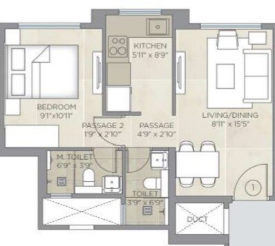 Floor plan of 1 BHK 376 Sq. Ft. Apartment in Hiranandani Zen Adalia, Mumbai
