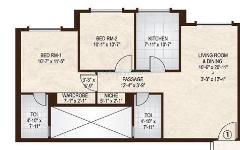 Floor plan of 2 BHK Apartment - 762 sq. ft. in Hiranandani Zen, Mumbai