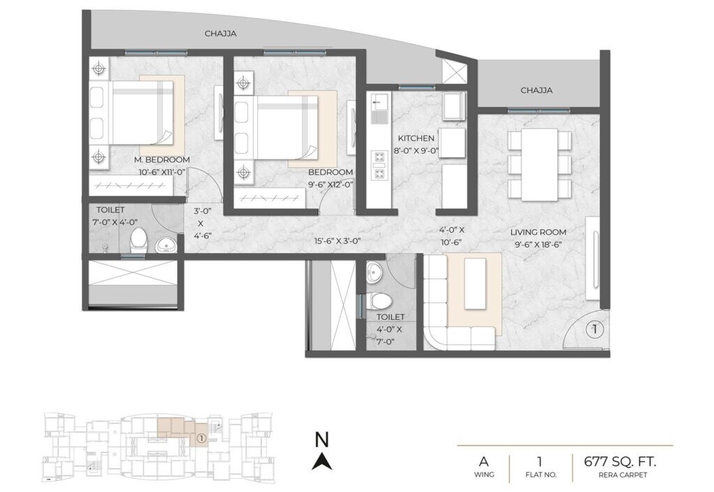 2 BHK 677 Sq. Ft. Apartment