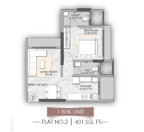 Floor plan of 1 BHK 431 Sq. Ft. Apartment in Hirani Dollars Avenue, Mumbai
